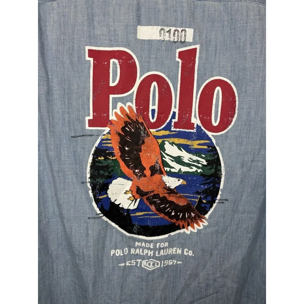 Polo Ralph Lauren Chambray Graphic Work Shirt Small Classic Fit Indigo Button Up